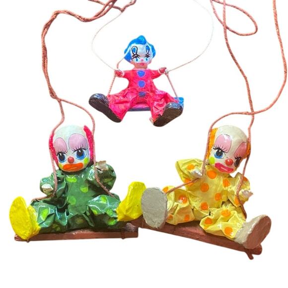 Vintage Paper Mache Swinging Hanging Clown Dolls Circus 3 Mexican Folk Art Fair - Picture 1 of 12